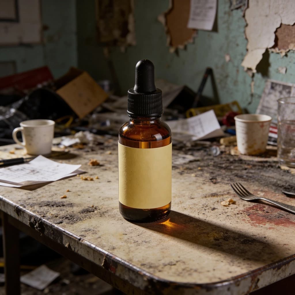 Ordinary amateur photo of an amber glass dropper bottle on a cluttered surface