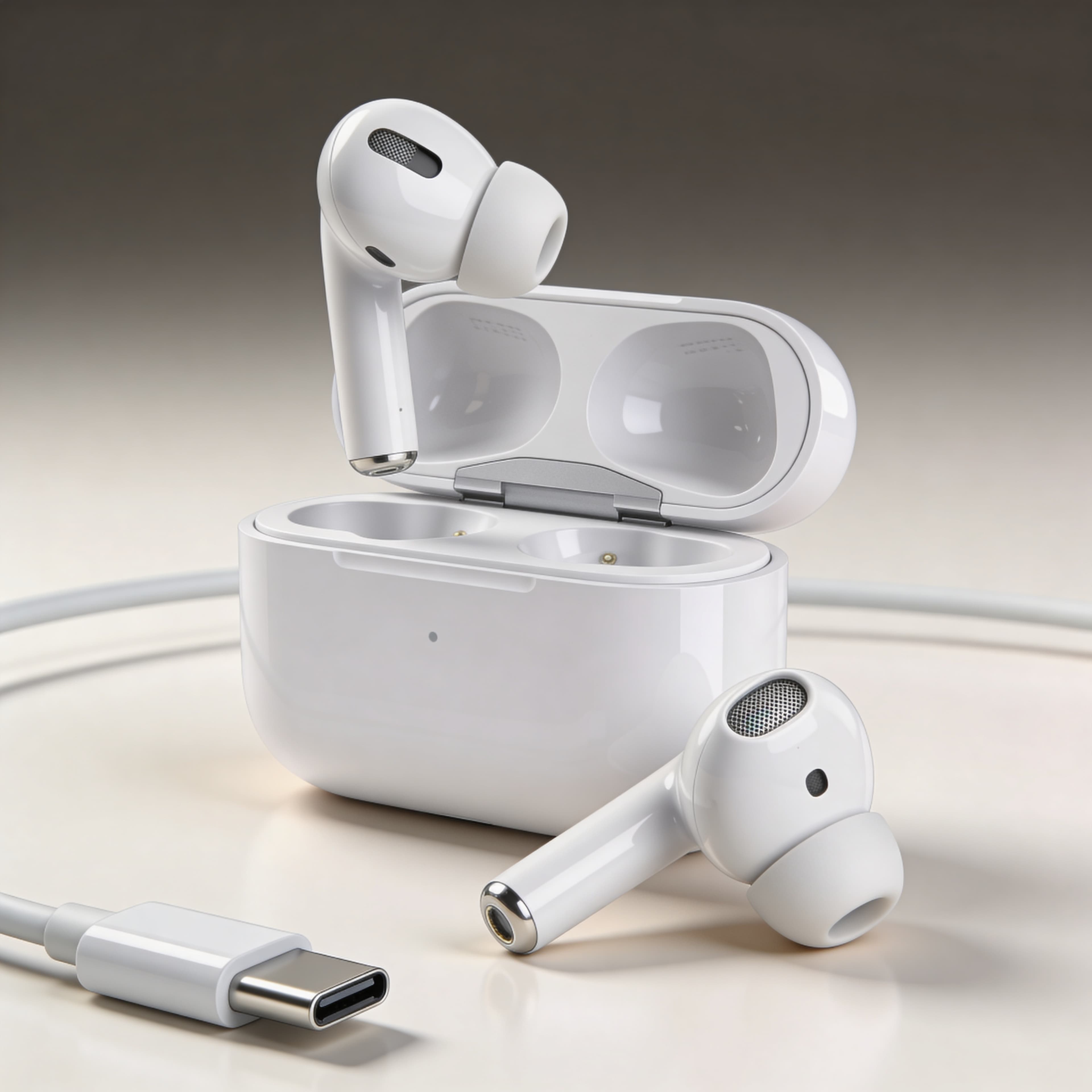 Basic product photo of white wireless earbuds with charging case and cable