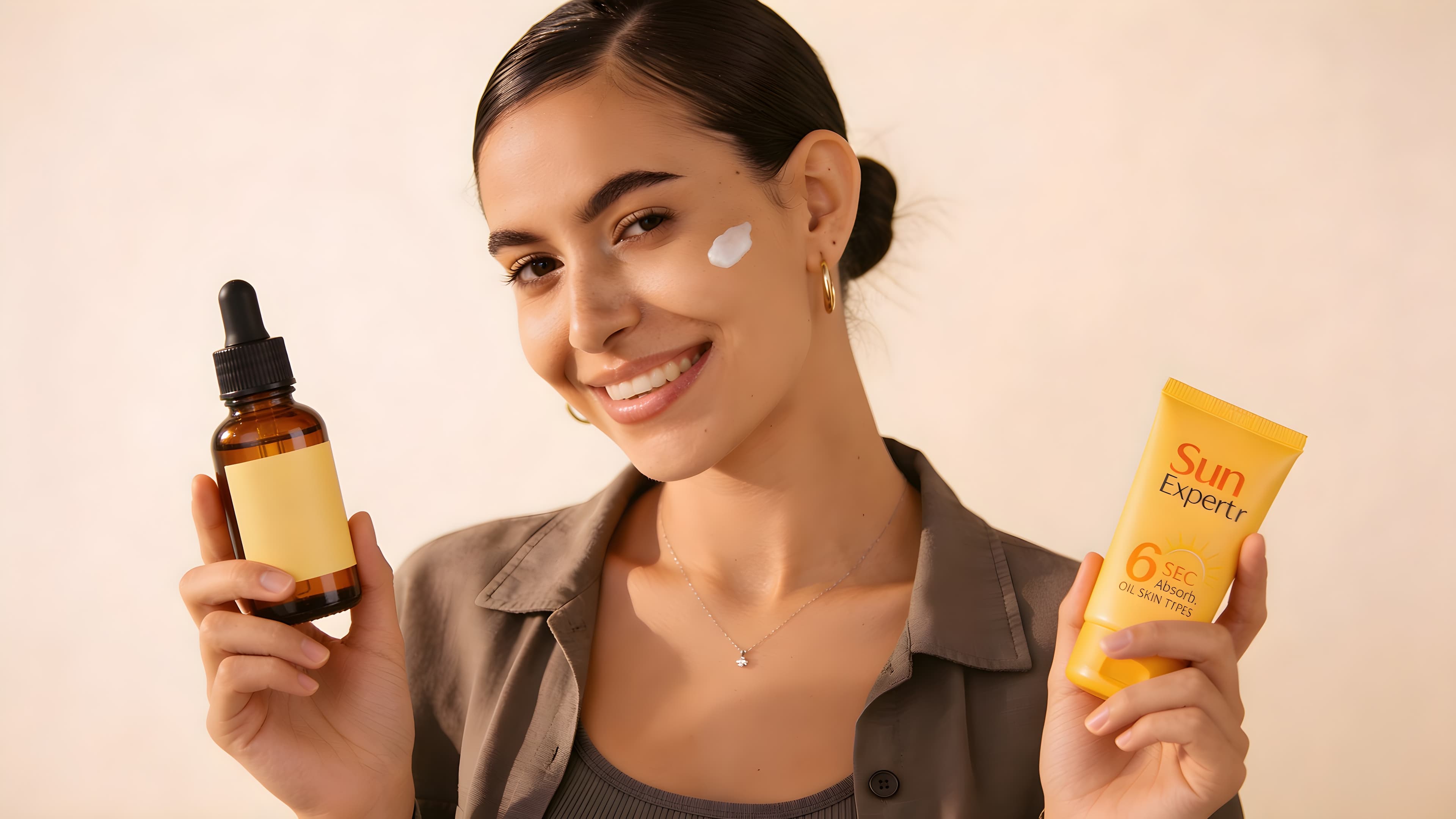 Lifestyle photo of a woman presenting skincare products — a polished result you can compose with other assets on the canvas